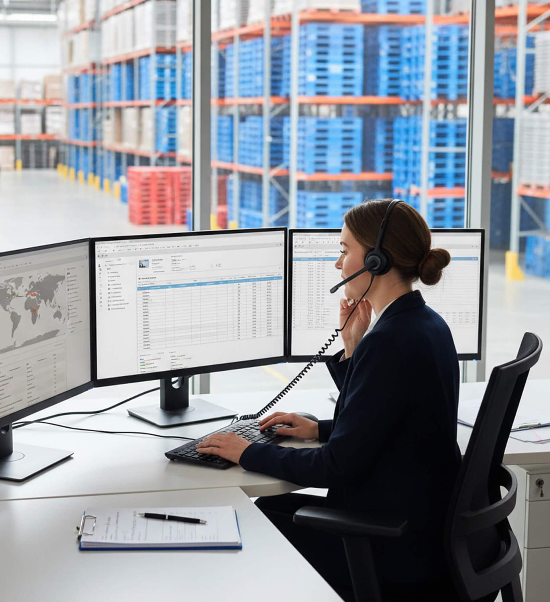 Pallet-management-consultant-using-a-computer-and-phone-to-liaise-with-clients-and-resolve-pallet-control-queries-efficiently