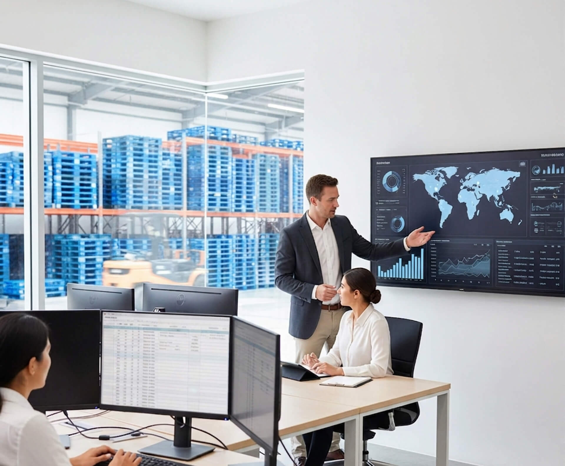 Pallet-management-consultants-working-at-computers-reviewing-pallet-reports-and-dashboards-handling-administrative-pallet-control-for-clients