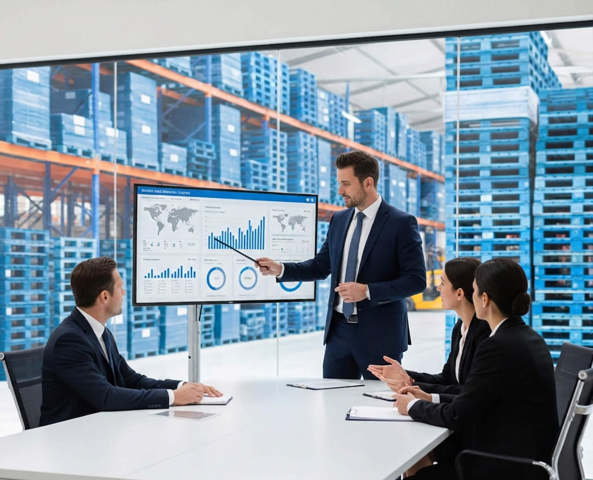 Team-of-pallet-management-consultants-collaborating-around-a-desk-analyzing-pallet-data-and-planning-solutions-in-a-professional-office